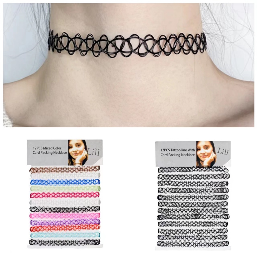 Kit 12 Gargantilha Colar Chocker tipo de nylon preta colorido em Oferta na Shopee