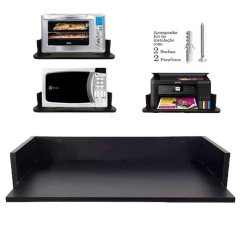 Suporte Preto Para microondas Impressora Forno Nicho Mdf Fosco 15 mm 60 11,5 41 - Flutuante