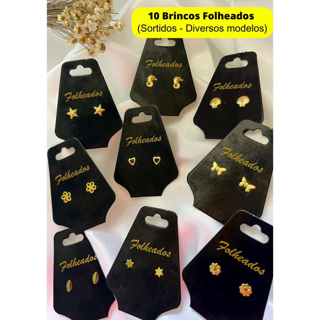 KIT 10 Pares Brincos Pequenos Folheados Ouro 18k Sortidos Antialergico Semi Joias de Qualidade Com Garantia Lembrança Revenda Segundo furo