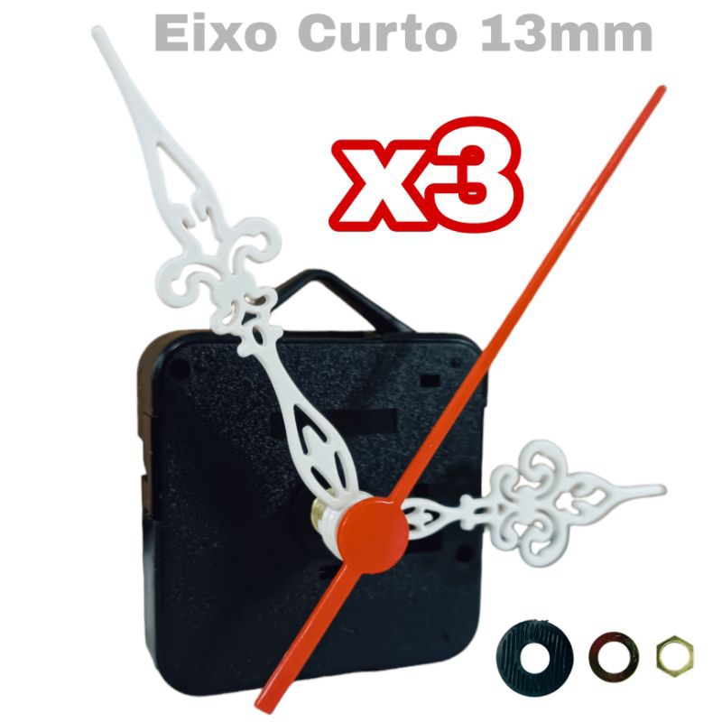 Kit 3 Peças Engrenagem Para Relógio De Parede 13mm Quartz Ponteiro Branco Colonial Reparo