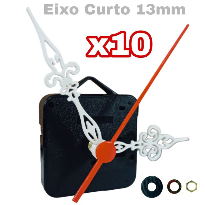 Kit 10 Peças De Reparo Movimento Do Relógio Parede 13mm Eixo Quartz Ponteiro Branco
