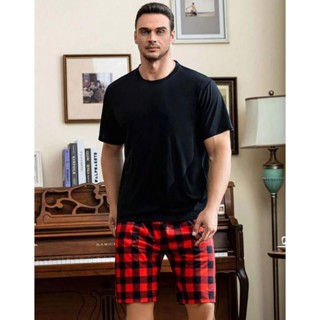 Pijama masculino verão camisa / camiseta com manga curta e short / bermuda xadrez adulto