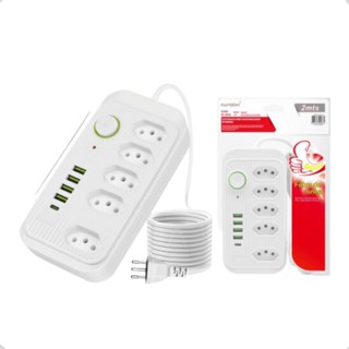Filtro De Linha Extensão 3 Metros Segurança 5 Tomadas 5 usb Regua Cabo com 1 USB Tipo C