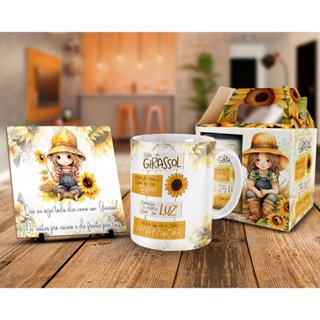 Caneca + Kit Personalizado Girassol com Nome Personalizado em Oferta na Shopee