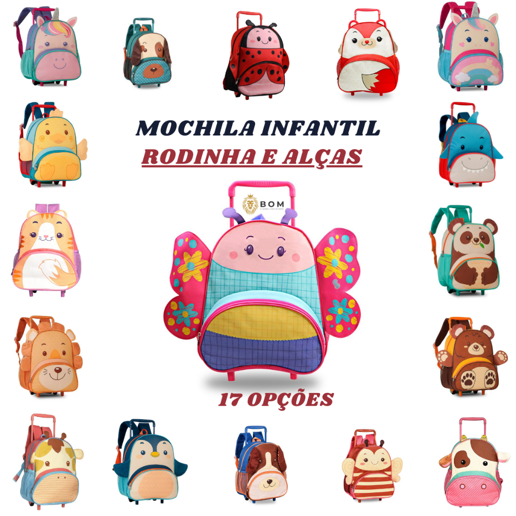 Mochila Com Rodinhas e Bolsos Infantil Para Escola Passeio Impermeável Estampa Pet Bichinhos Animais
