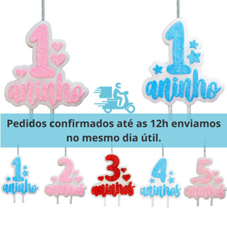 Vela de Aniversário 1 Aninho 2 3 4 e 5 aninhos diferente azul rosa ou vermelha