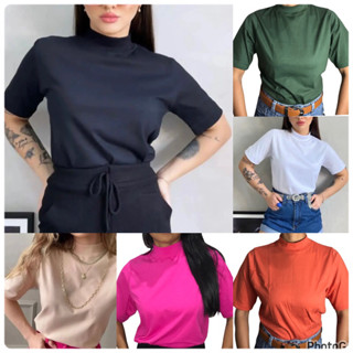T-shirts Camiseta feminina Gola Alta básica ALGODÃO 100% manga 3/4