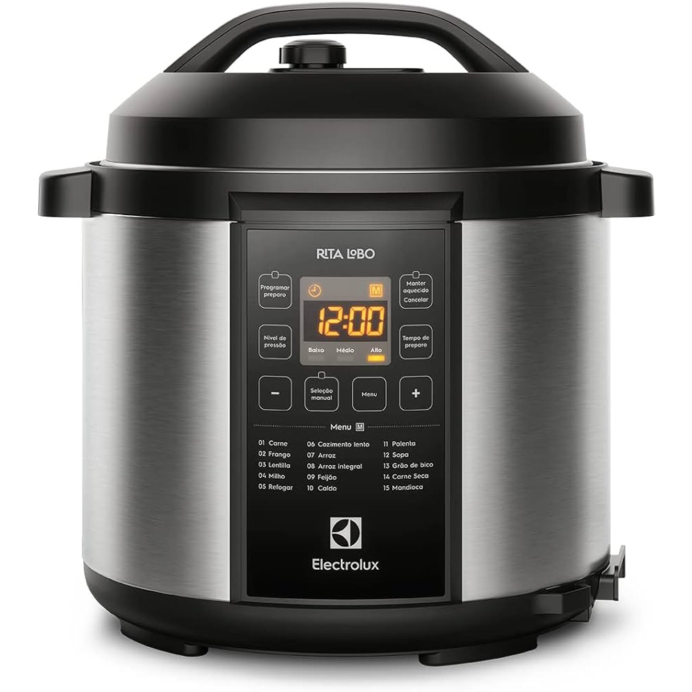 Panela pressão elétrica Electrolux digital capacidade 6L silenciosa segura 10 travas segurança 15 receitas pré-programadas 3 níveis pressão PCC20 inox preto