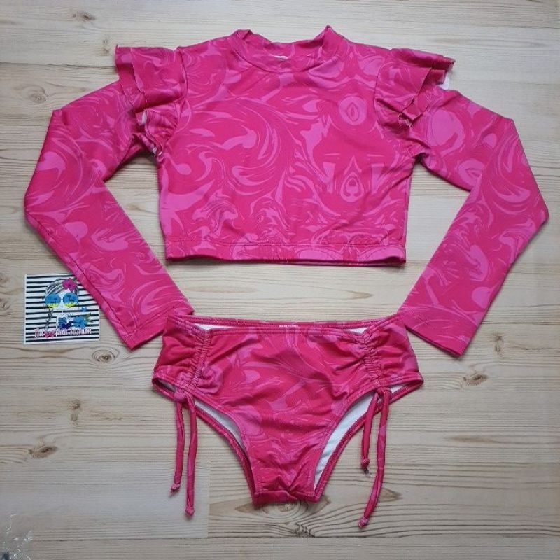 Conjunto Praia Piscina Biquini e Cropped Manga Longa Menina Rosa Infantil e Juvenil Proteção Solar UV50+ Barbie Não Cavado Forrado Ajuste nas Laterais Envio Imediato