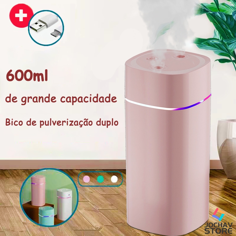 Umidificador De Ar Ultrassônico Grande ​Aromatizador Usb Com Bico Duplo Portátil Led De Ambiente 600ml