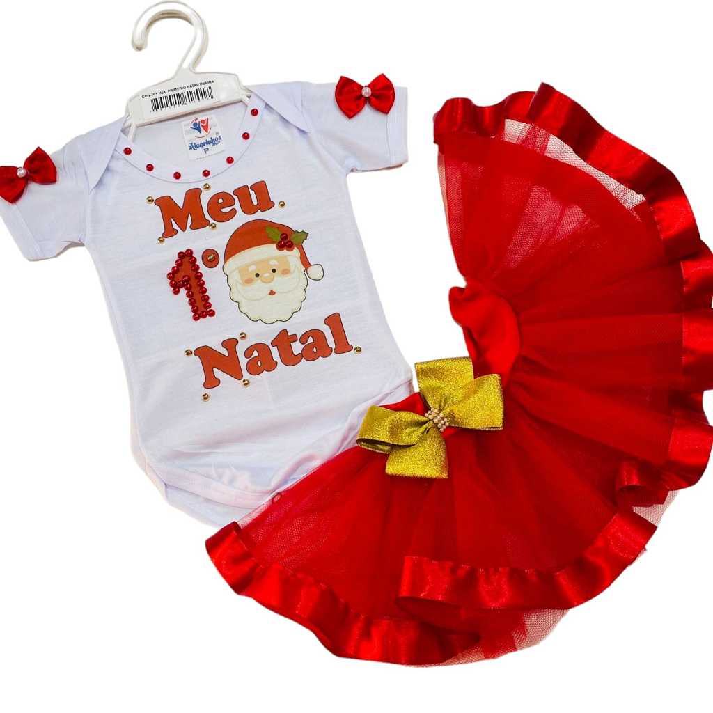 Conjunto tutu Meu Primeiro Natal Bebê Menina Body Temático Papai Noel E Saia Infantil Roupa Festa Natalina Mesversário