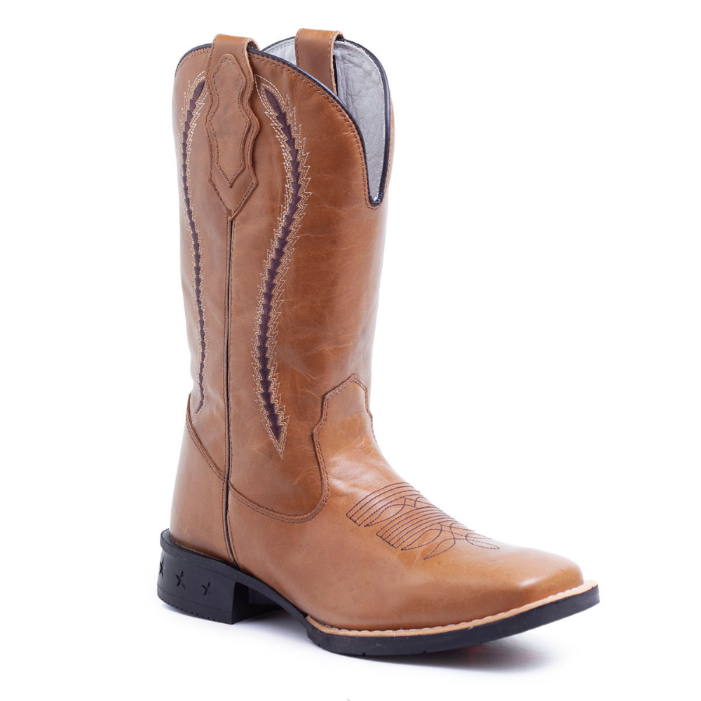 Bota Botina Texana Country Unissex Texancraft Em Couro Legitimo Bordado Bico quadrado Cano Longo