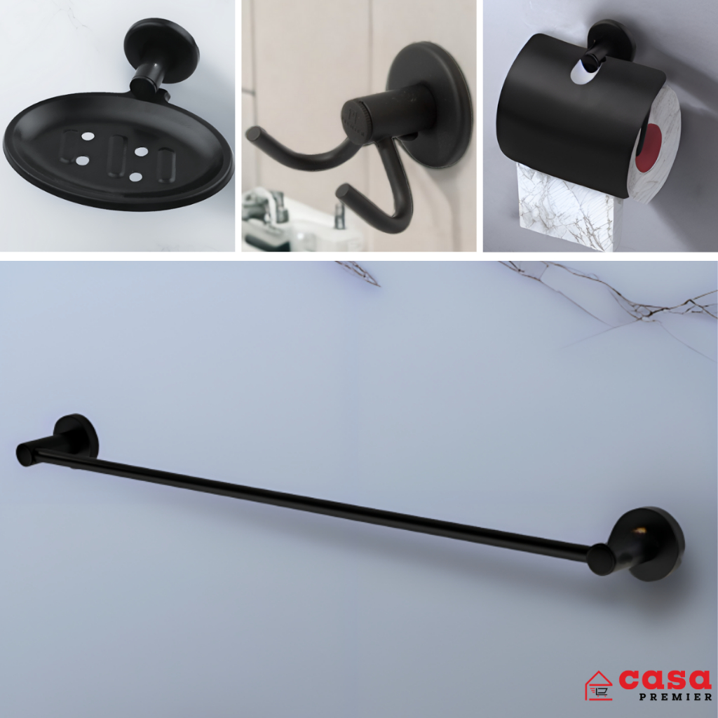 Kit Acessórios Para Banheiro Aço Inox 4 Peças Preto Fosco Porta Toalha Banho Papeleira Saboneteira