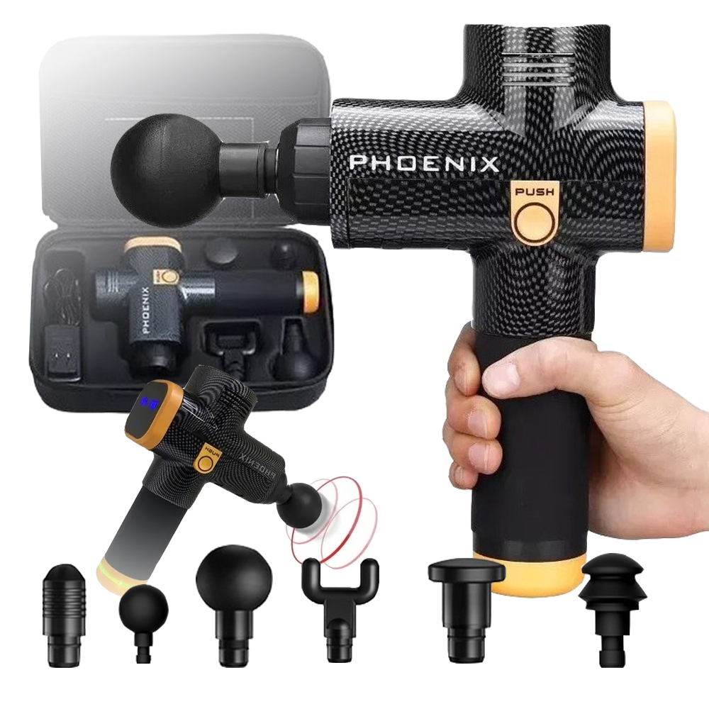 Pistola Massageadora Profissional Phoenix Para 20 Niveis de Velocidade + 6 Ponteiras de Massagem e Maleta