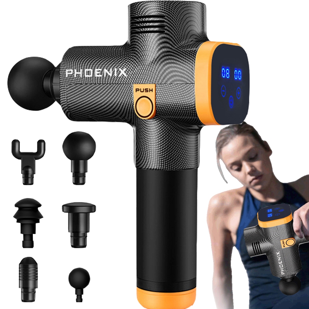 Pistola Massageadora Phoenix Profissional Fisioterapeutica Sem Fio Recarregavel 20 Niveis de Velocidade + 6 Ponteiras
