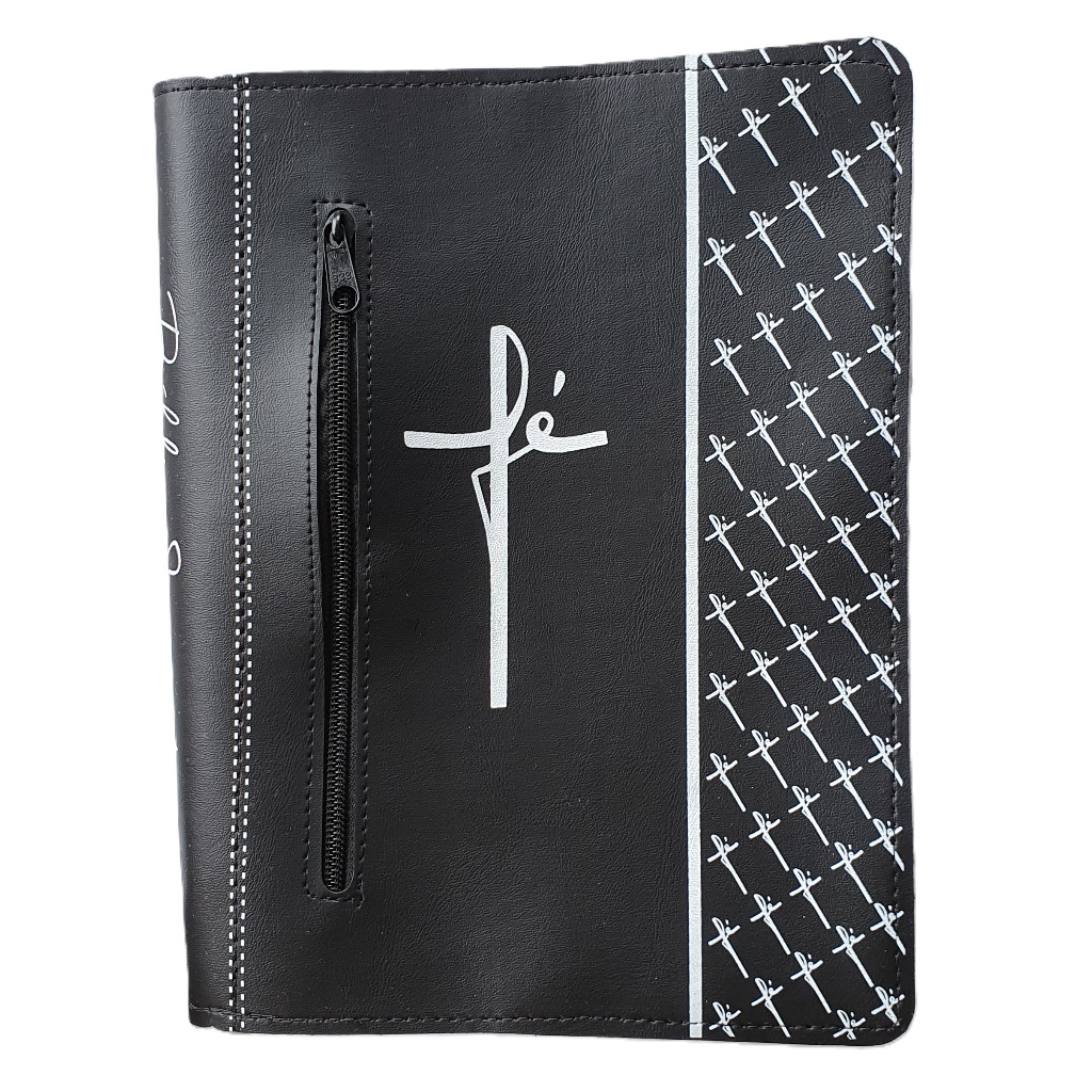 Capa para Bíblia de Estudo Grande C/ Zíper Bolso Externo Cor Preta Escrito Fé - Capa Protetora Bíblias Grandes Número 13