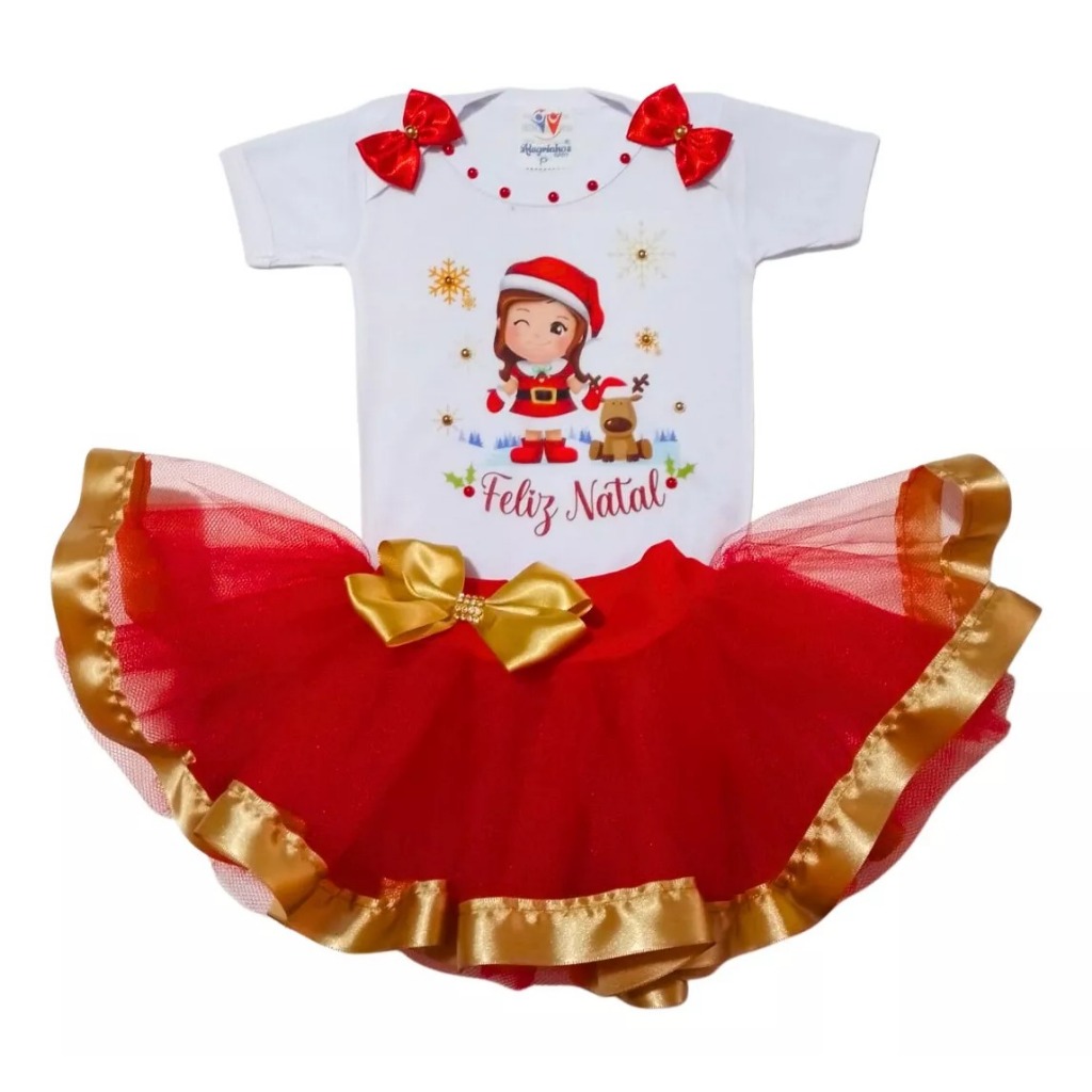 Body Feliz Natal Bebê Menina Roupa Festa Infantil Com Saia Tutu Conjunto Temático Natalino