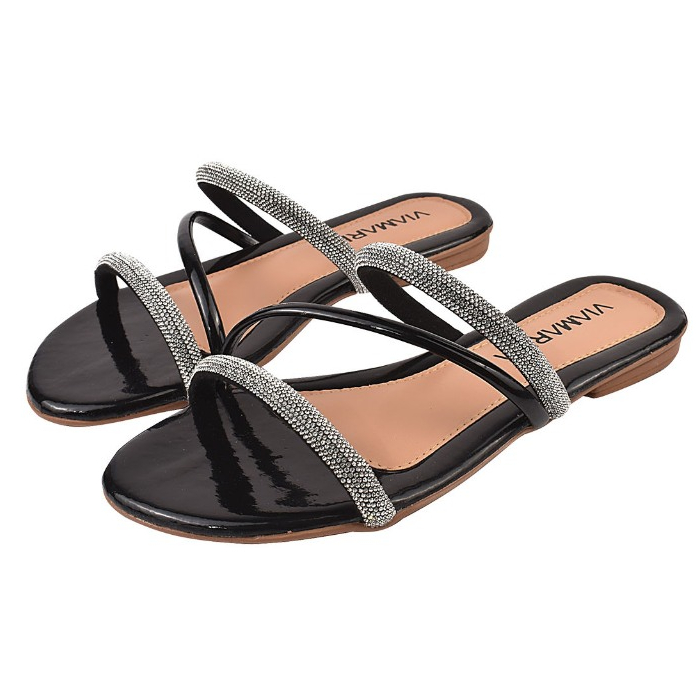 Rasteirinha Feminina Básica  com Tiras Brilhos de Strass Confortável Luxo em Oferta na Shopee