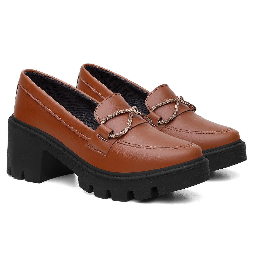 Mocassim Salto Medio Confort Tratorado Brilho Diversas Cores Estilo Oxford Caramelo Preto ...