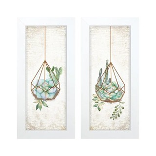 Dupla de Quadros Decorativos Plantas Verdes Geométrico Jardim Quadro Decoração parede Sala Quarto Hall Hugart 26x28cm