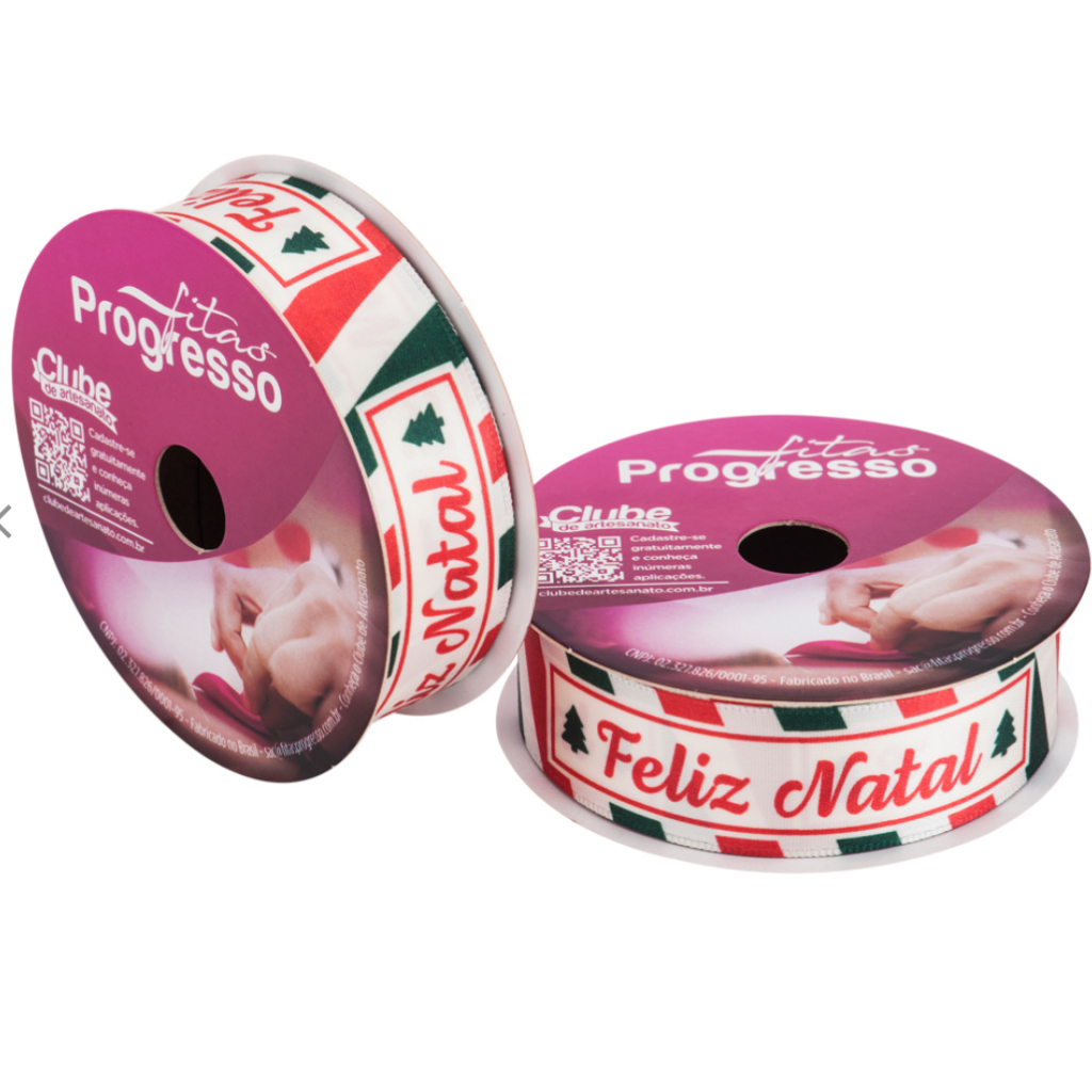 Fita de Cetim 22 mm Frase Feliz Natal Selos de Cartão Postal 10 mt Fitas Progresso - Inspire sua Festa Loja