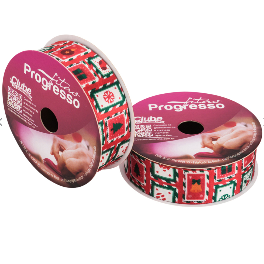 Fita de Cetim 22 mm Natal Selos Cartão Postal 10 mt Fitas Progresso - Inspire sua Festa Loja