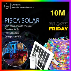 Fio Luz de 10M com Placa Solar + Controle à Prova d'Água PiscaPisca Solar para Decoração de Natal Ano Novo PiscaPisca