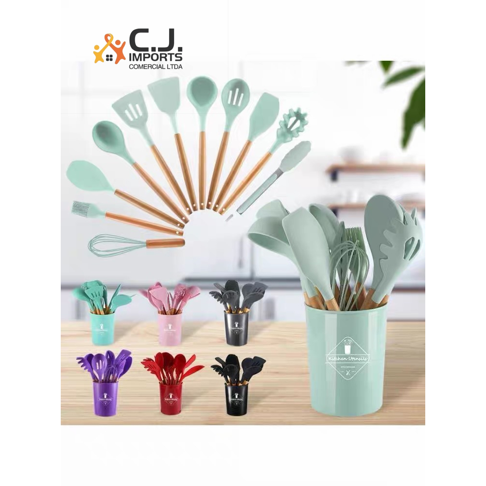 KIT de Utensílios Para Cozinha em Silicone e Bambu 12 Peças Cabo Madeira Decoração Livre BPA