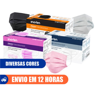 Máscara Cirúrgica 50un Descartável Tripla Branca Preta Rosa Elástico Inoven