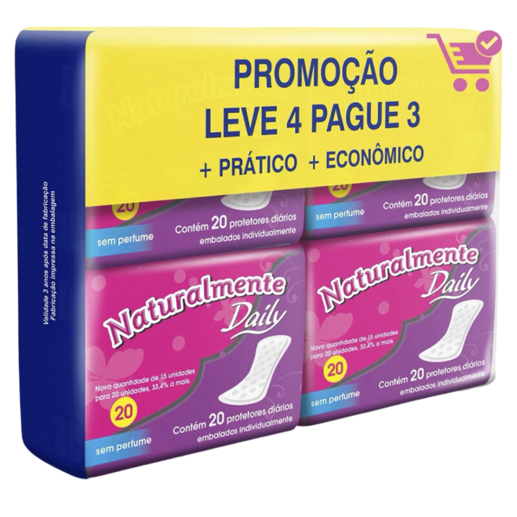 Absorvente Protetor Diário Leve 4 Pague 3 80 Unid Naturalmente Daily Conforto e Máxima Absorção