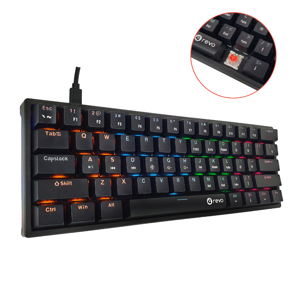 Teclado Mecânico Gamer 60% 61 Teclas Switch Red Iluminação RGB LED Com fio USB Narvi Revo Preto