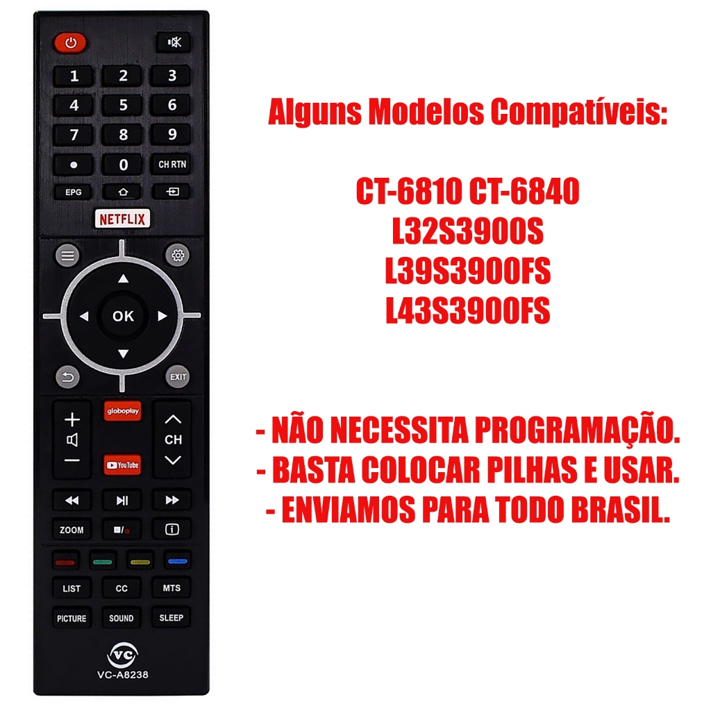 Controle Remoto Para Tv Semp Toshiba L39s3900fs Ct-6810