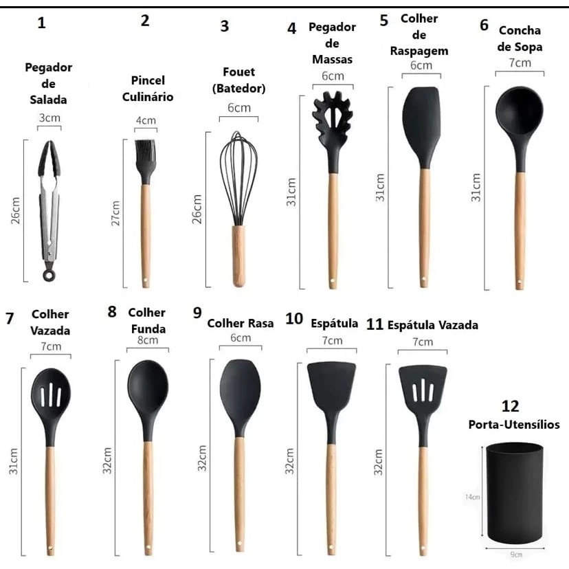 KIT de Utensílios Para Cozinha em Silicone e Bambu 12 Peças Cabo Madeira Decoração Livre BPA