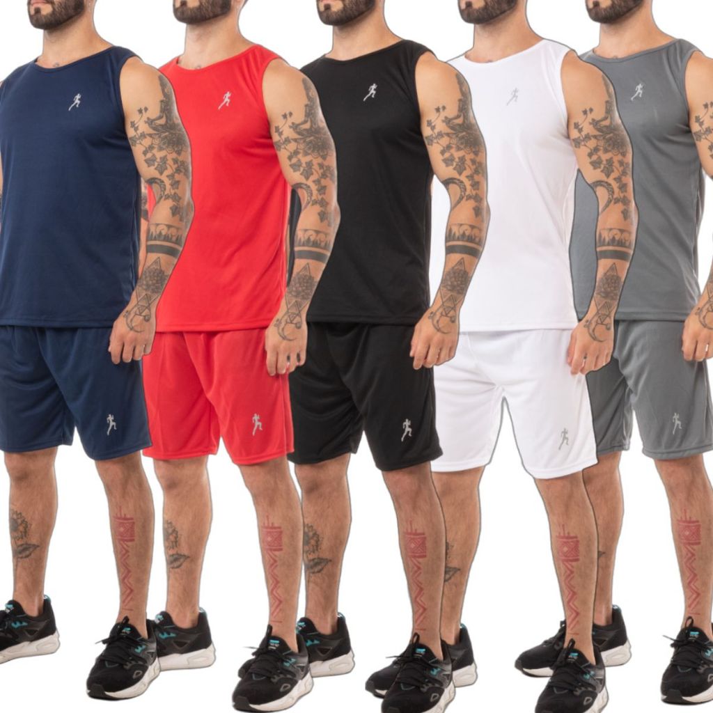 Kit 5 ou 3 Bermudas masculina Academia + 5 ou 3 Regata Esportiva - Conjunto