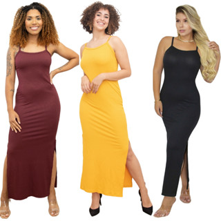 Vestido Feminino canelado longo Alcinha Decote Costa Fechada Com fenda Lateral Várias Cores