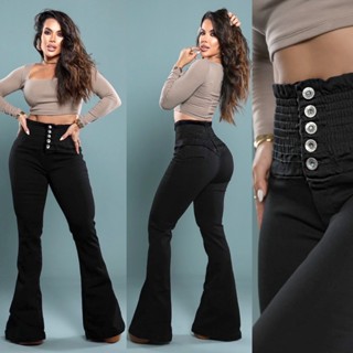 Calça Jeans Lipo Modeladora Flare Com Botão Cós Alto Empina Bumbum Strech Chapa Barriga Boca de Sino