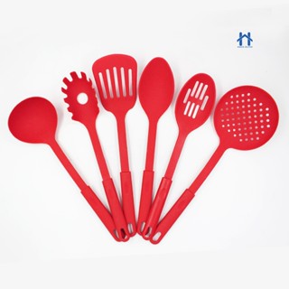 Conjunto Kit 6 Utensilios com Gancho de Cozinha de Nylon Colher Concha Escumadeira Espátula Pegadores Colorido