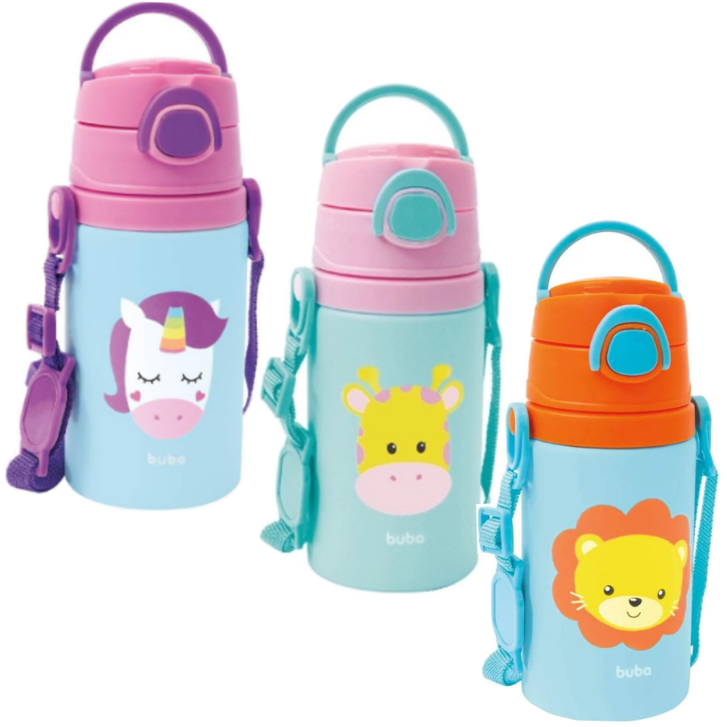Garrafinha de Aluminio Animal Fun Buba com Trava de Segurança e Cordinha Antiqueda 450 ml em Oferta na Shopee