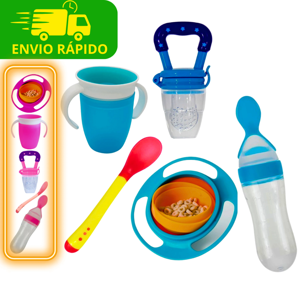 Kit Bebê Introdução Alimentar Copo + Prato 360° + Colher Termo sensível + Chupeta Para Frutas + Colher Dosadora Cozinha