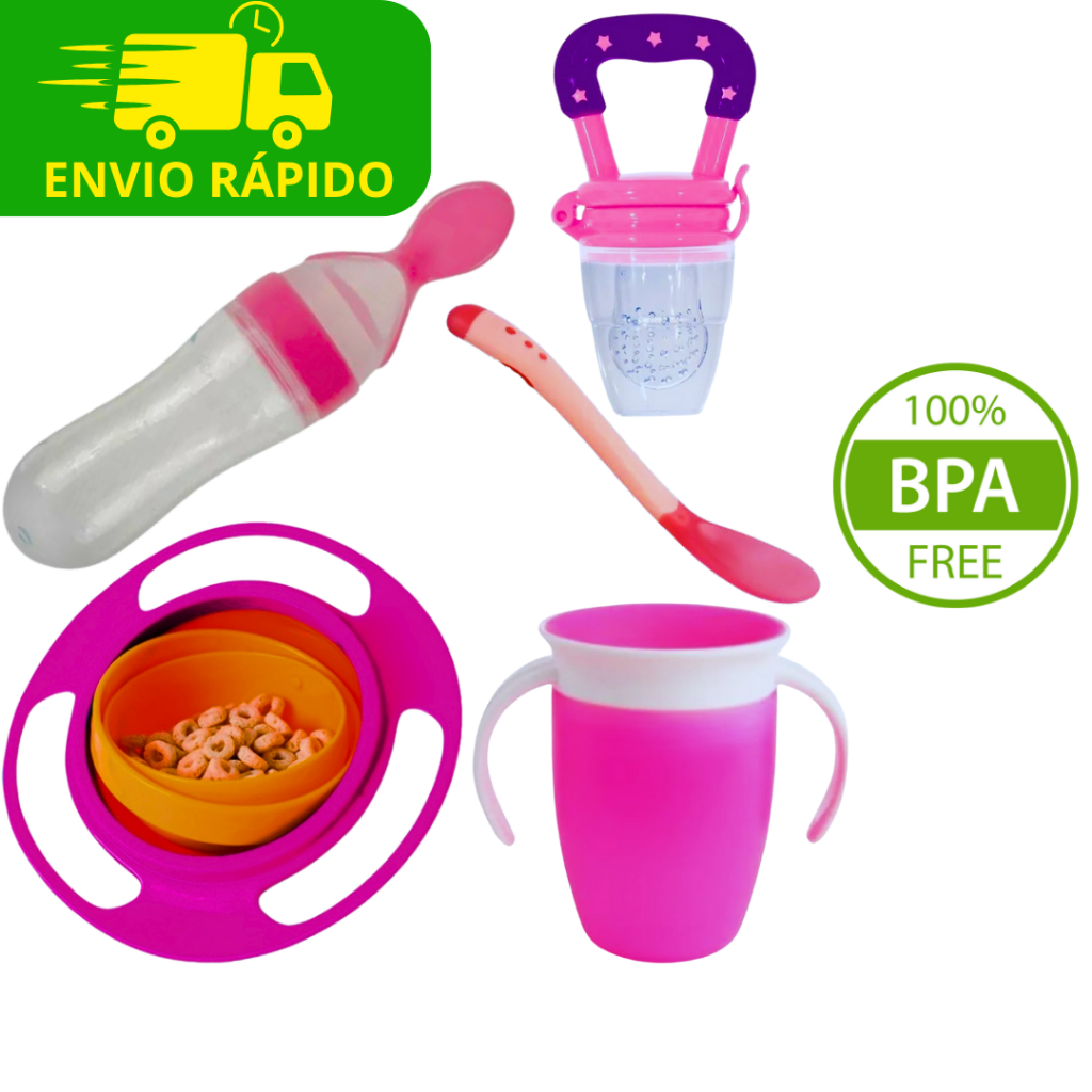 Kit Introdução Alimentar Copo + Prato 360° + Colher Termo sensível + Chupeta Para Frutas + Colher Dosadora