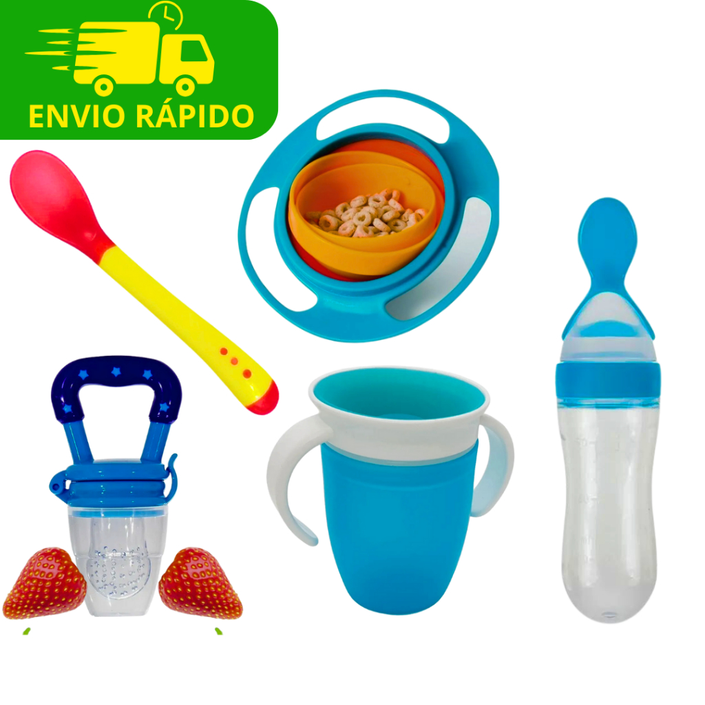 Kit Baby Introdução Alimentar Copo + Prato 360° + Colher Termo sensível + Chupeta Para Frutas + Colher Dosadora