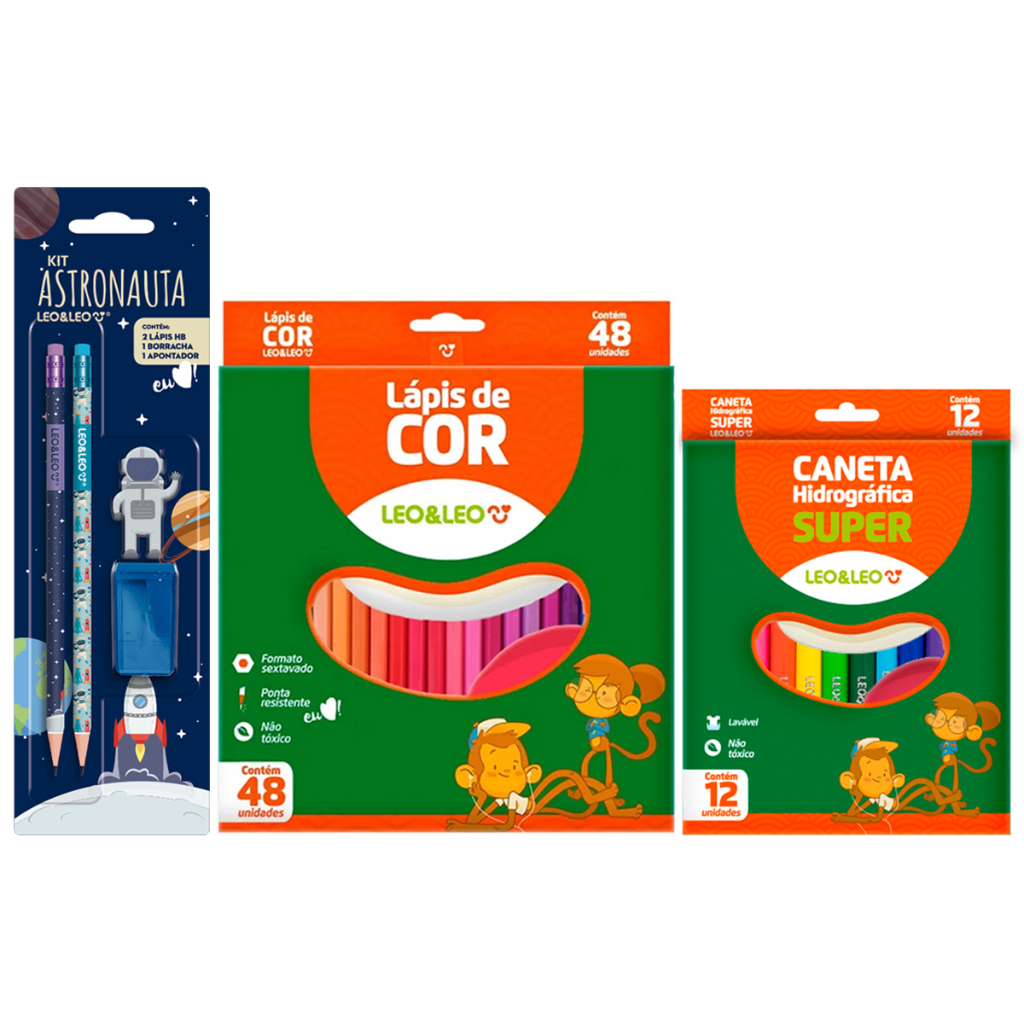 Kit Escolar Basico Lapis De Cor + Lapis Tematico + Canetinha + Borracha + Apontador - Leo e Leo