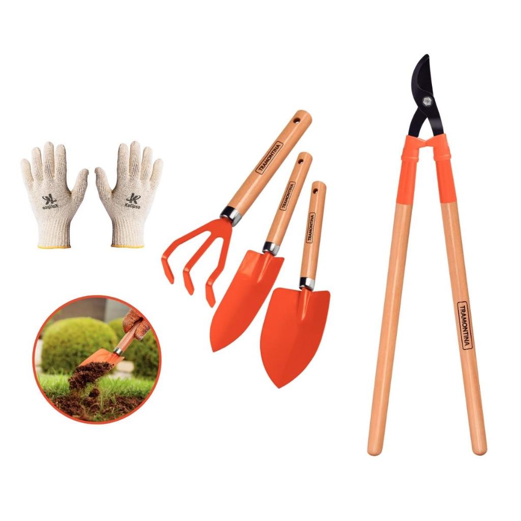 Conjunto de Jardinagem 3 Peças e Tesourao de Poda Bypass 60cm Tramontina + Luva Tricotada Pigmentada