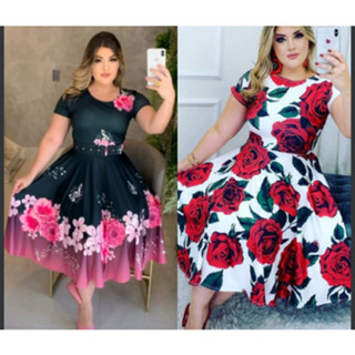 VESTIDO PLUS SIZE ESTAMPADO RODADO GODÊ MODA EVANGÉLICA RODADO COM MANGAS