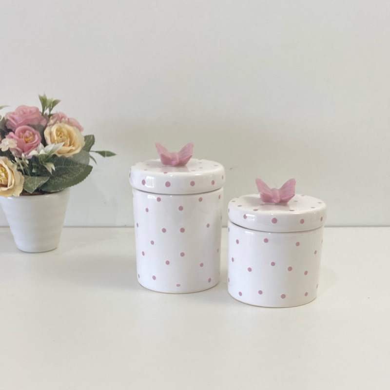 kit higiene pote algodão e cotonetes porcelana poá rosa borboleta