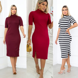 Vestido Midi com Fenda Lateral, Moda Evangélica, natal, festa, justo no corpo Executiva, gola alta - ISIS