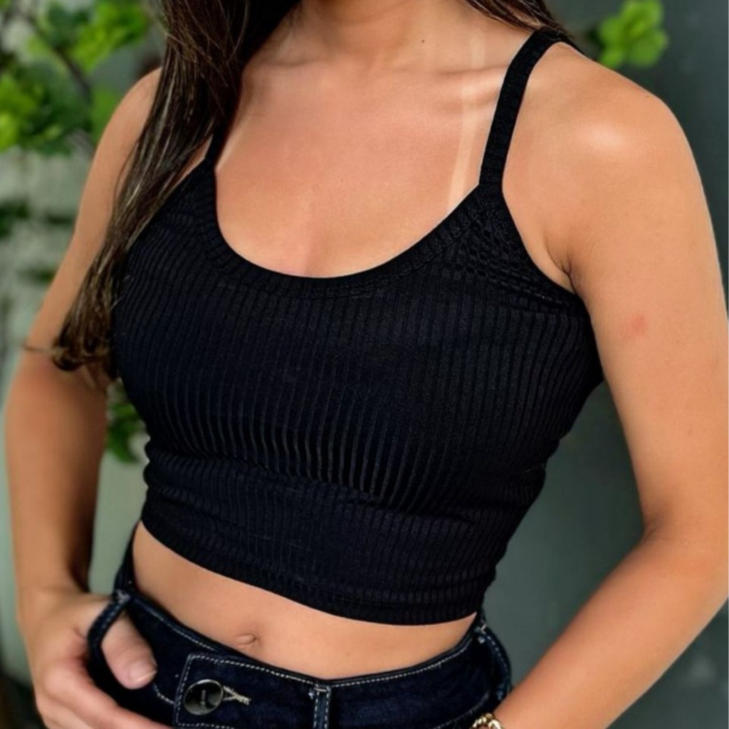 Top Cropped Canelado Alcinha Fina Feminino Casual Verão Blusa Canelada Várias Cores