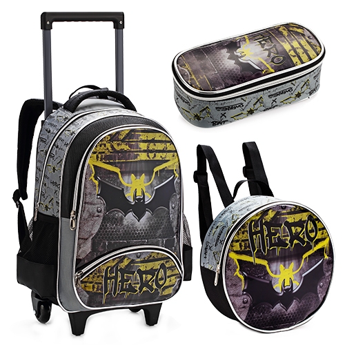 Kit Escolar Mochila De Carrinho Rodinha Hero Estilo Batman Lancheira Termica Estojo Presente