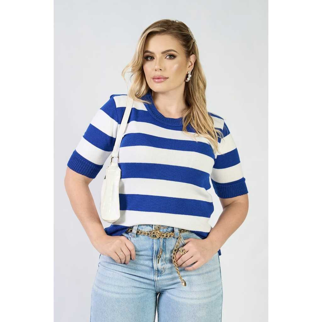 Blusa feminina tricot modal  listrada  moda evangelica decote careca . em Oferta na Shopee