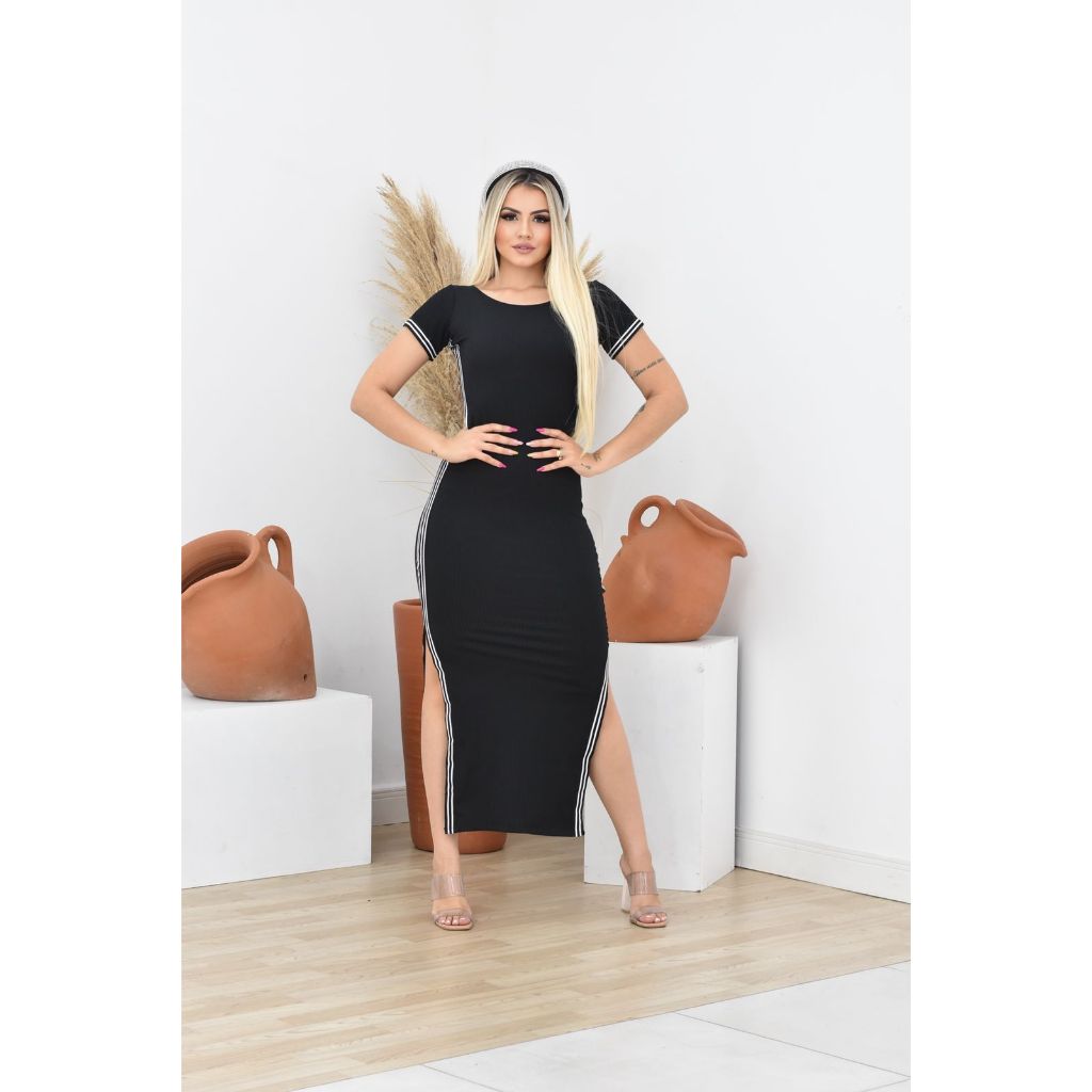 Vestido Longo Fenda Lateral Manga Curta Canelado Confortável Feminino